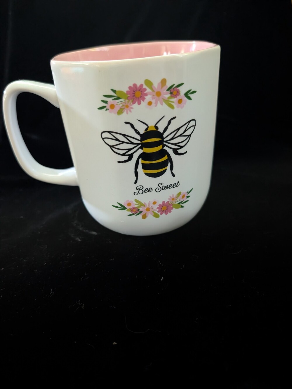 Madison Studio White Mug with Pink Interior and Bee Floral Design